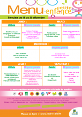 Menu - Petite enfance du 16 au 20 décembre 2019